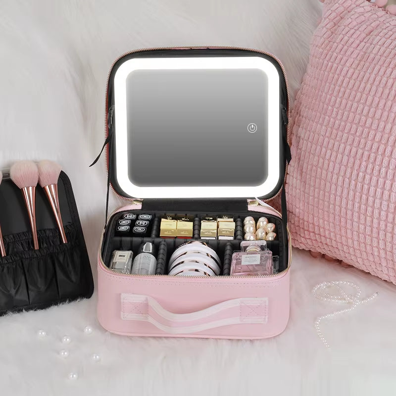 Smart LED Cosmetic Case with Mirror Cosmetic Bag Travel Makeup Bags for Women Fashion Portable Storage Bag Travel Makeup Bags