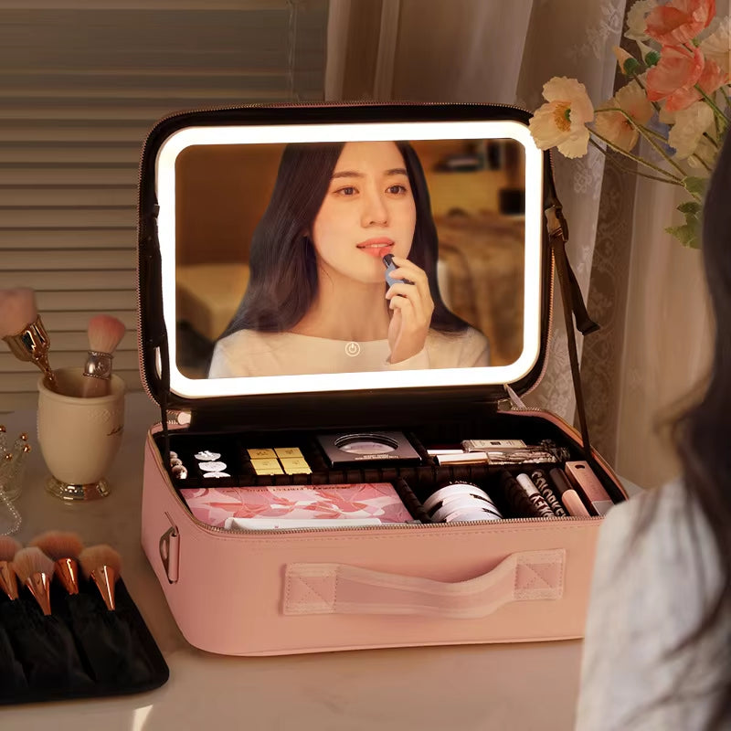 Smart LED Cosmetic Case with Mirror Cosmetic Bag Travel Makeup Bags for Women Fashion Portable Storage Bag Travel Makeup Bags