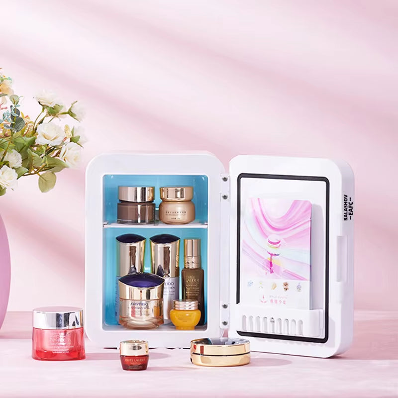 4L Mini Makeup Fridge with LED Light Mirror Portable Cosmetic Storage Refrigerator Keep Fresh Cooler for Home Car Dual Use