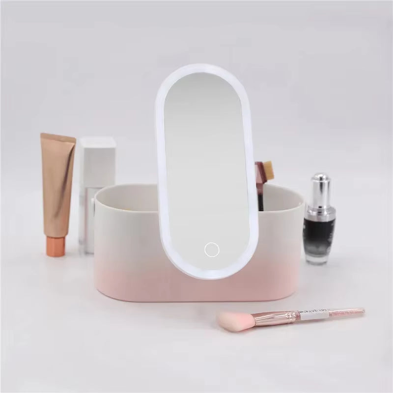 Makeup Organizer Box with LED Light Mirror Portable Travel Makeup Cosmetics Organizer Touch Light Storage Makeup Case