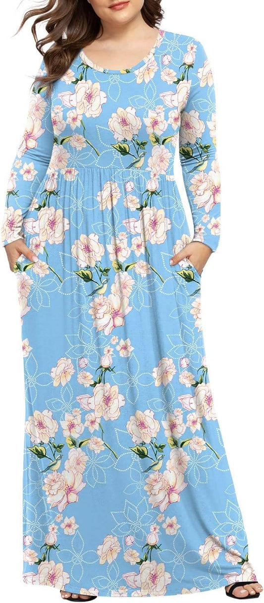 Womens XL-6XL Long Sleeve Casual plus Size Maxi Loungewear Dress with Pockets 4Xl,Fl Light Blue