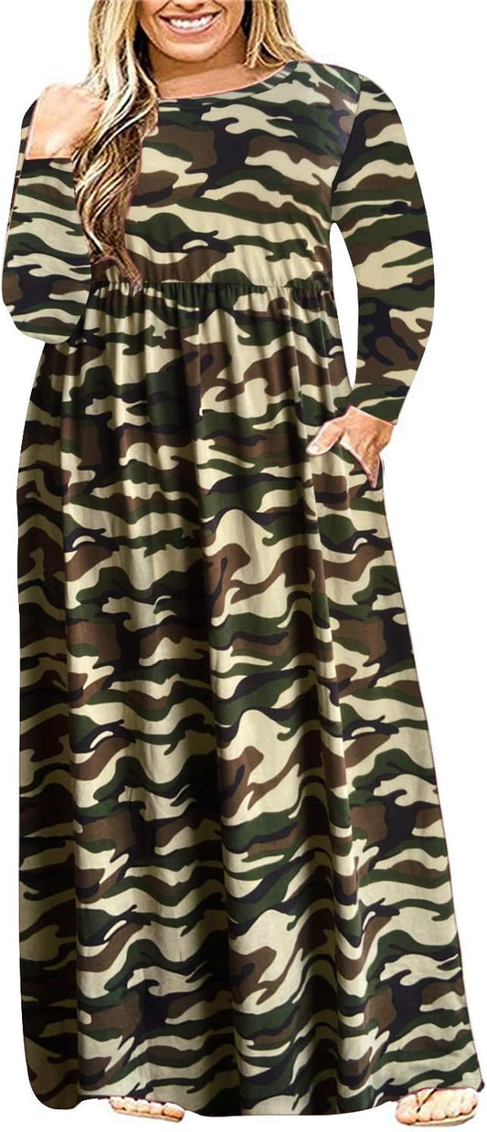 Women'S Long Sleeve Loose Plain Casual plus Size Floral Print Maxi Dress with Pockets 20W,Floral Light Camouflage