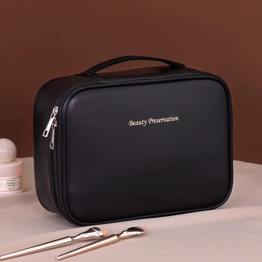 PU Leather Double Layer Makeup Bag Large Capacity Cosmetic Bag Luxury Cosmetics Organizer Women'S Travel Essentials