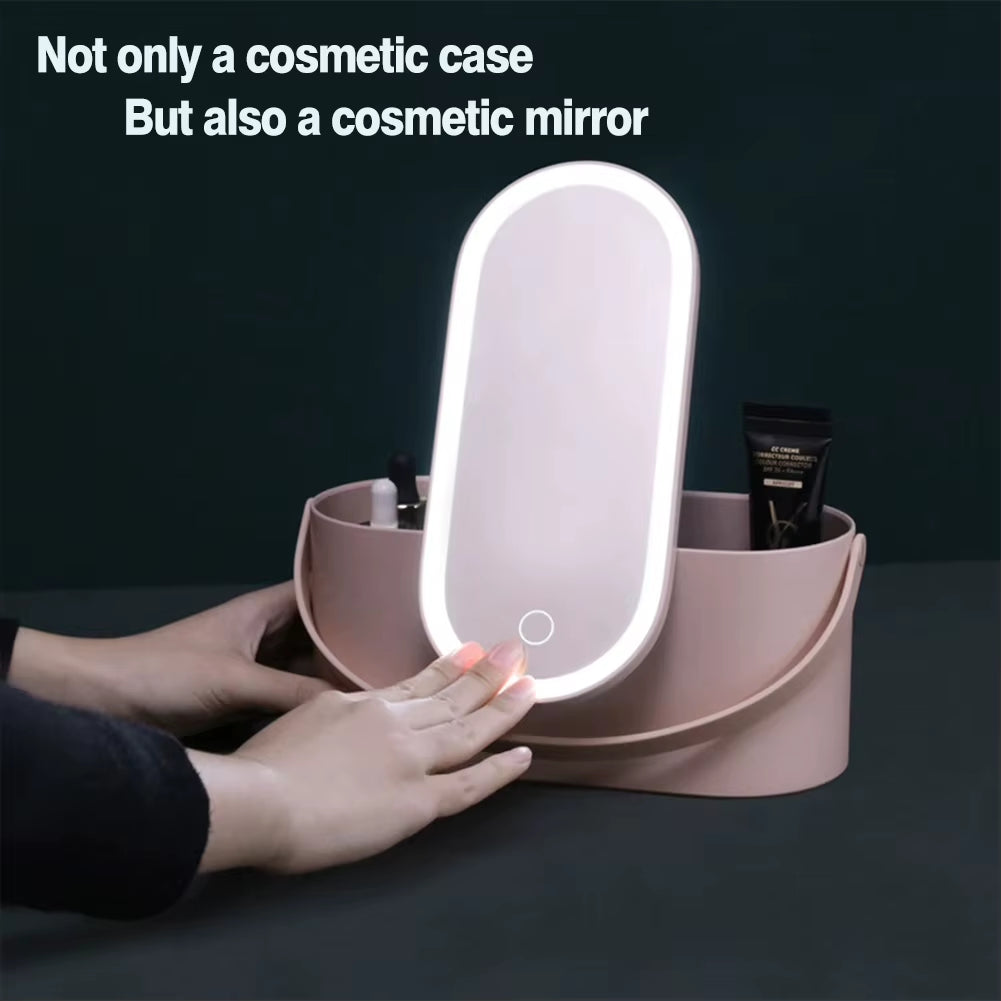 Makeup Organizer Box with LED Light Mirror Portable Travel Makeup Cosmetics Organizer Touch Light Storage Makeup Case