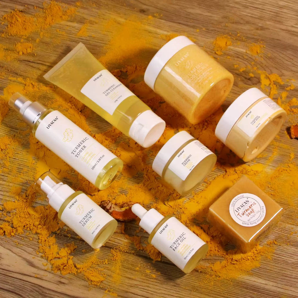 8Pcs Turmeric Skin Care Set Face Brighten Lighten Dark Spots Freckles Acne Scars Melanin Repair Antioxidant Facial Clean Beauty