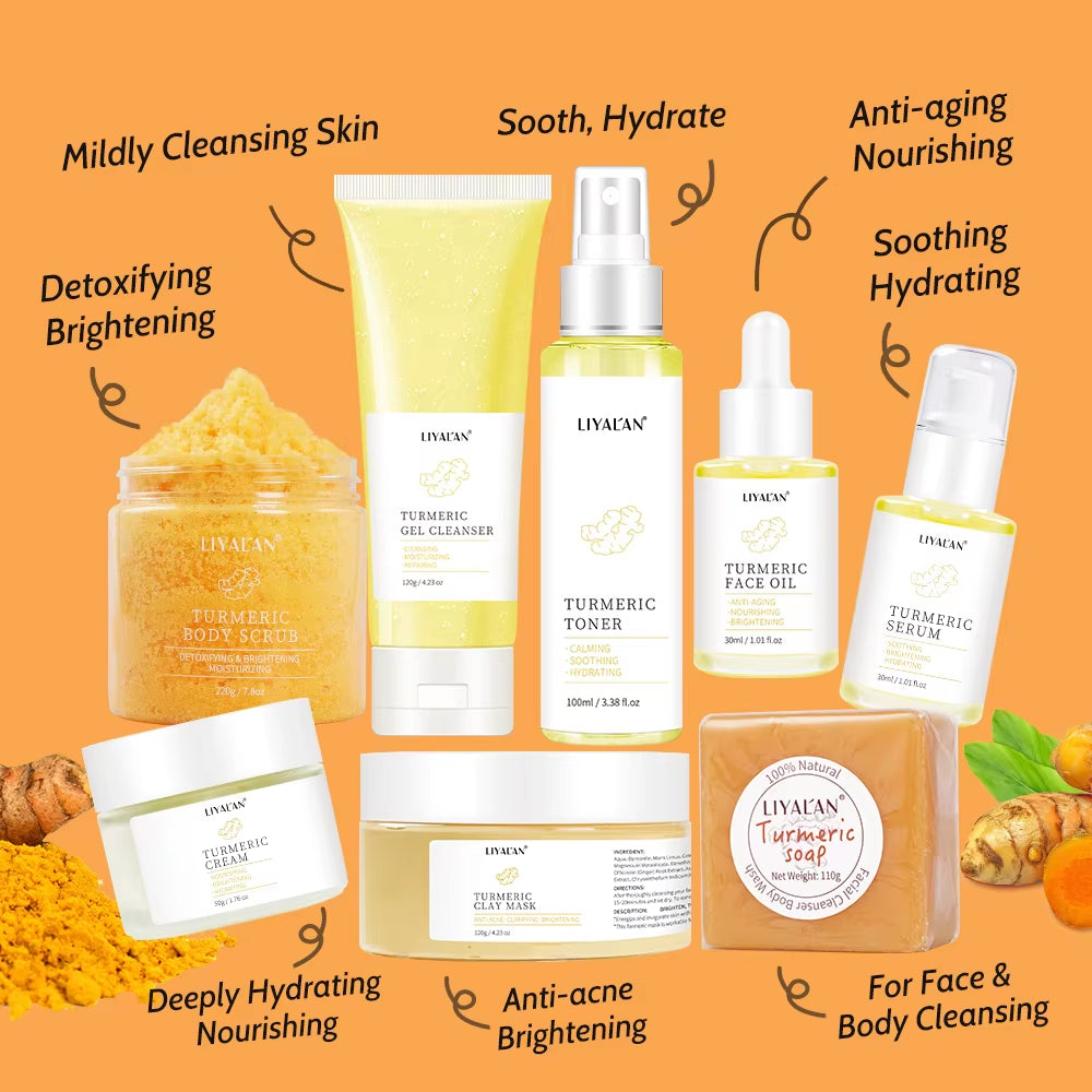 8Pcs Turmeric Skin Care Set Face Brighten Lighten Dark Spots Freckles Acne Scars Melanin Repair Antioxidant Facial Clean Beauty