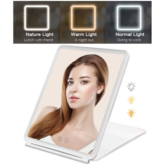 New Makeup Mirror with 10X Magnifying 72 LED Lights Vanity Mirror 3 Color Lights Travel Mirror Compact Cosmetic Foldable Mirror