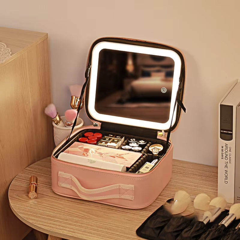 Smart LED Cosmetic Case with Mirror Cosmetic Bag Travel Makeup Bags for Women Fashion Portable Storage Bag Travel Makeup Bags