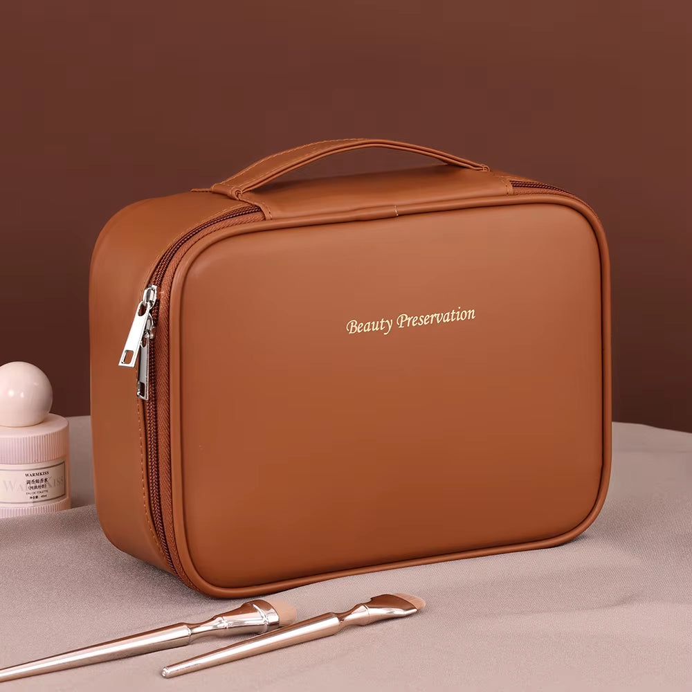 PU Leather Double Layer Makeup Bag Large Capacity Cosmetic Bag Luxury Cosmetics Organizer Women'S Travel Essentials