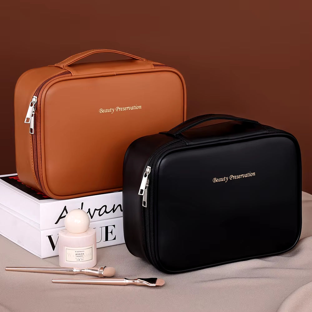 PU Leather Double Layer Makeup Bag Large Capacity Cosmetic Bag Luxury Cosmetics Organizer Women'S Travel Essentials