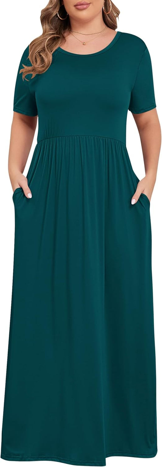 Women’S plus Size Maxi Dresses for Curvy Women Summer Casual Short Sleeve Long Dress with Pockets