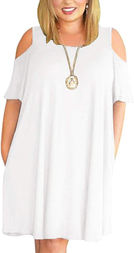 Women Cold Shoulder plus Size T-Shirt Dress with Pockets White,3Xl